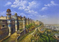 Hanif Shahzad, Gwalior fort is Hillside Madhya Pradesh, 27 x 36 Inch, Oil on Canvas, Cityscape Painting, AC-HNS-036